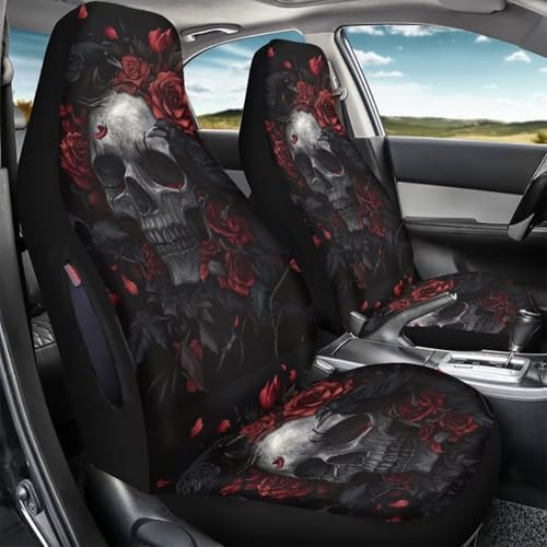 Bulopur Skull Red Rose Crows Front Car Seat Covers Waterproof Washable Auto Seat Covers High Back Airbag Compatible Auto Bucket Cushions Universal for SUV Truck Sedan, Easy to Install and Removable