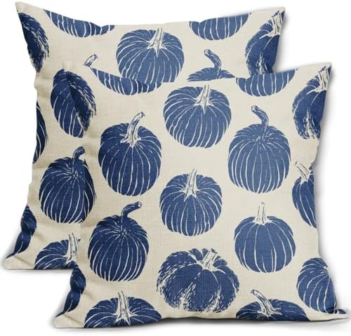 Blue Pumpkin Fall Pillow Covers 22x22 Set of 2 Autumn Harvest Print Thanksgiving Decorative Throw Pillows Outdoor Farmhouse Cushion Case Seasonal Decor for Couch Sofa Bed by Aytipun