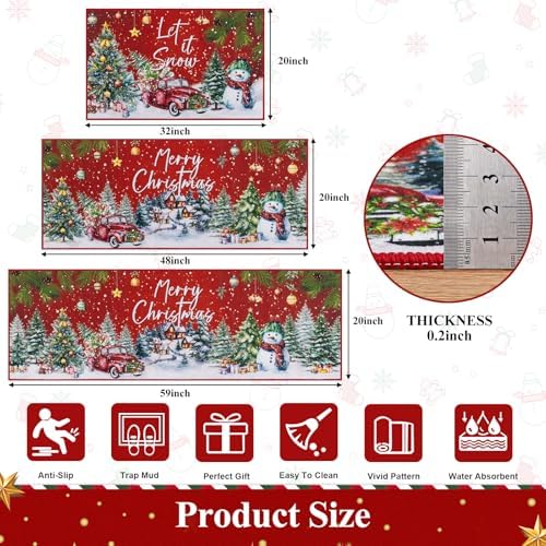 U'Artlines Christmas Kitchen Rugs and Mats Set of 3, Non Skid Tree Car Rug - Image 2