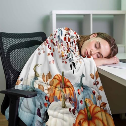 DecorLovee Fall Orange Blue Pumpkins Blanket 50"x60", Reversible Thanksgiving Throw Blanket for Couch/Bed, Vintage Botanical Lightweight Soft Throw Blankets for Women, Warm Fuzzy Blankets for Winter - Image 7