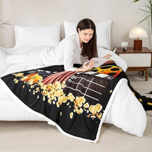 Movie Theater Film Throw Blanket Vintage Cinema Popcorn Fleece Flannel Blankets Kids Boys Girls Room Decor Family Theater Bed Blankets for Bed Sofa Couch Black Yellow Red Plush Blanket Throw 50"x60" - Image 4