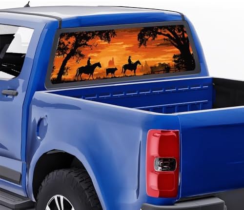 Watercolor Cowboy Truck Back Window Graphics Decals, Horse Abstract Sunset Landscape Universal See Through Rear Window Vinyl Wrap Full Window Decals for Trucks SUV 66 x 22 inch