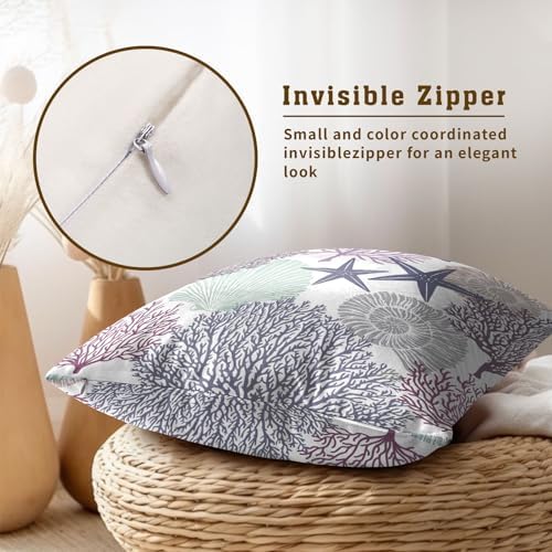 Sweetshow Ocean Coral Pillow Covers 24x24 Inch Nautical Coastal Throw Pillows Set of 2 Beach Seashell Starfish Pillow Case Soft Cotton Square Cushion Covers for Home Couch Sofa Patio Bedroom, Purple - Image 4