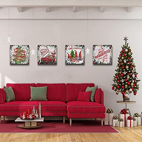 Christmas Wall Art Santa Claus Gnomes Picture Farmhouse Red Truck with Gifts Decor Christmas Tree Painting Colorful Balls Canvas Poster Xmas Artwork for Bedroom Living Room Decoration 12x12" 4Pcs - Image 6