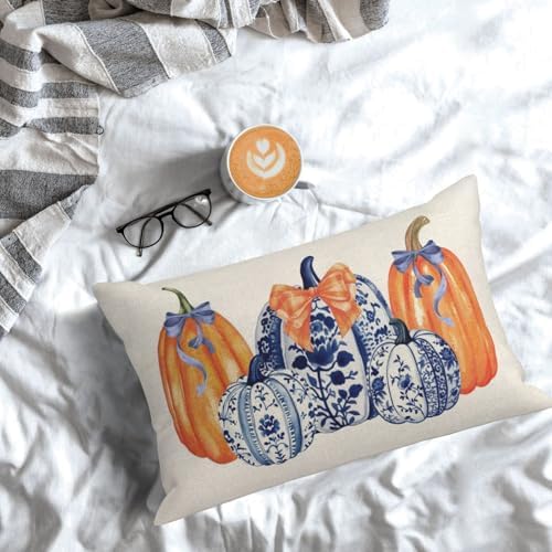 Fall Pillow Covers 12x20 Set of 2 Chinoiserie Blue and Orange Pumpkin Throw Pillows Grandmillennial Autumn Thanksgiving Decoration Pillow Cases Outdoor Fall Decor Cushion Case for Sofa Home - Image 4