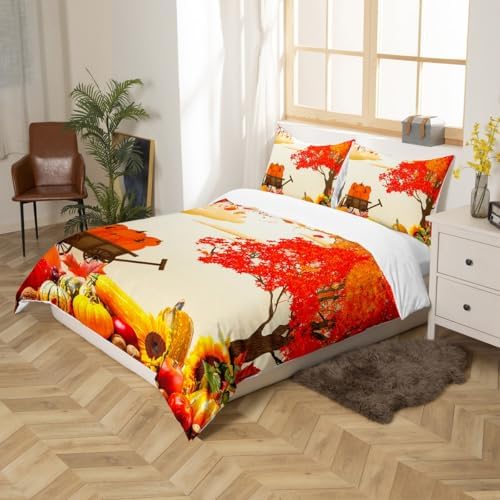 Fall Kids Duvet Cover Set Full Size,Autumn Pumpkin Maple Leaf Bedding Set,Girls Boys Adults Room/Cabin Decor,Fall Harvest Thanksgiving Day Comforter Cover,Rustic Farmhouse Quilt Cover,2 Pillowcases - Image 5