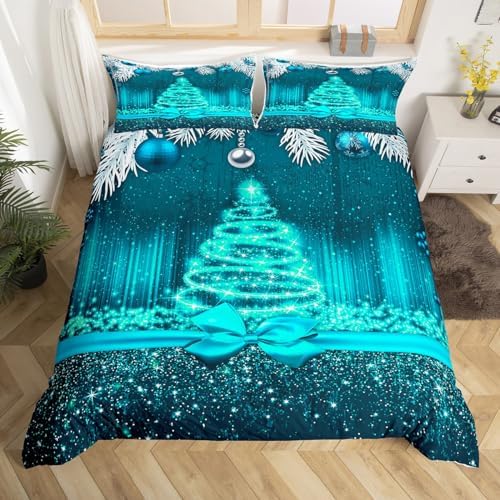 Merry Christmas Kids Duvet Cover Set Queen Size,Snowflake Christmas Tree Bowknot Bedding Set,Girls Boys Adults Room Decor,Gradient Line Glitter Comforter Cover,Xmas Romantic Quilt Cover,2 Pillowcases by Manfei