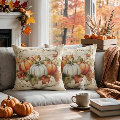 Fall Thanksgiving Pillow Covers 22x22 Set of 2, White Orange Pumpkin Maple Leaves Harvest Autumn Decorative Throw Pillow Cases Outdoor Vintage Rustic Farmhouse Decor for Sofa Couch Bed - Image 2