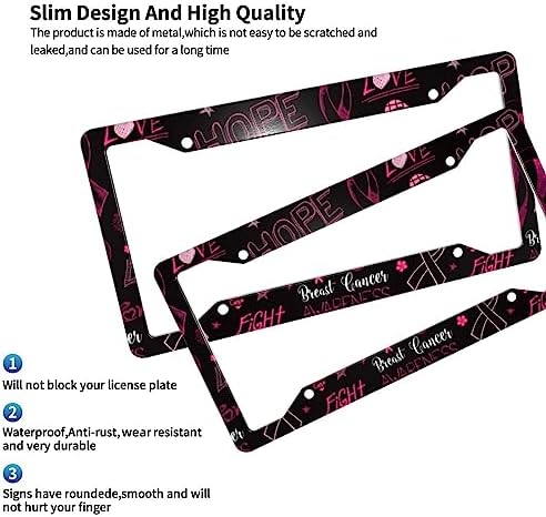 Hope Breast Cancer License Plate Frame 2 Pack License Plate Holder Universal Aluminum License Plate Cover Car Accessories Decor with Screw for Men Women 12.3 x 6.3 Inch