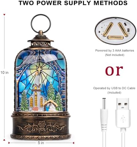 Christmas Snow Globe Lantern Water Glittering Churches & Holy Family with Music& Timer, USB Lined/Battery Operated Lighted Lantern for Christmas Festival Decoration Gifts - Image 6