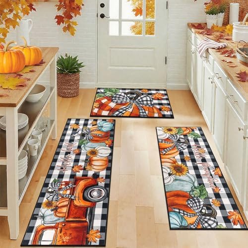U'Artlines Fall Pumpkin Kitchen Rugs with Runner Sets 3 Piece, Washable by UArtlines