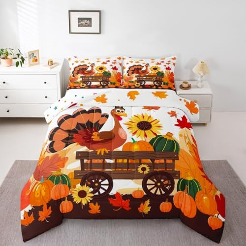 Feelyou Fall Bedding Set for Girls Boys Kids Twin Size Maple Leaves Pumpkin Comforter Cover Room Decor Turkey Thanksgiving Daisy Duvet Cover White Orange Quilt Set - Image 4