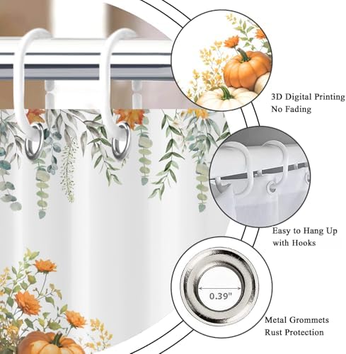 Fall Pumpkin Shower Curtain, Watercolor Autumn Harvest Pumpkins Wildflowers Green Leaves on the Top Thanksgiving Day Bathroom Curtain Waterproof Fabric Machine Washable with Hooks, 72"Wx84"L - Image 6