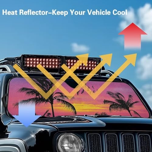 Renewold Windshield Sunshade for Jeep Wrangler JK JKU JL JLU 1997-2023 Car Front Window Sun Shield for Jeep Gladiator JT Block UV Glare Sunlight Sun Visor Tropical Coconut Birds Sunset Cover Sun Shade
