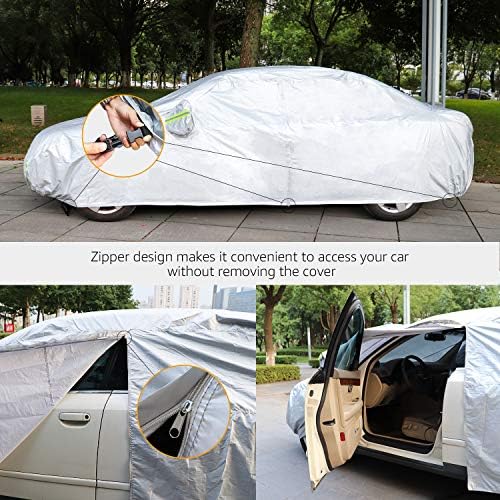 Amazon Basics Silver Weatherproof Car Cover, 150D Oxford, UV Protection, Snowproof, Dustproof for Sedans up to 190", with Reflective Strips and Straps