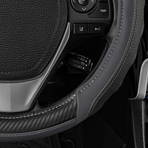 Motor Trend UltraSport Gray Carbon Fiber Steering Wheel Cover, Standard 15 inch Size, Black Faux Leather Comfort Grip, Car Steering Wheel Cover for Auto Truck Van SUV