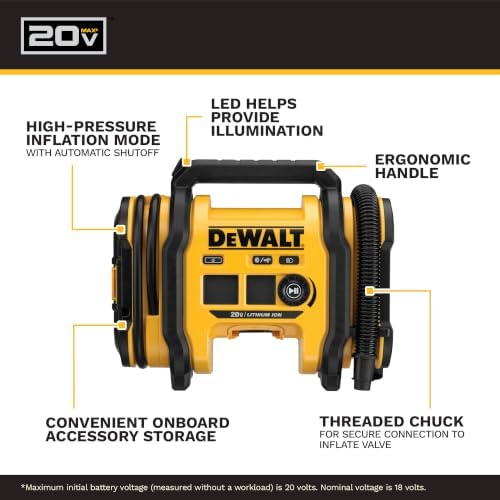 DEWALT Tire Inflator Portable Air Compressor 20V MAX, Car Air Pump with Automatic Shut Off, LED Light, Tool Only (DCC020IB) - Image 2
