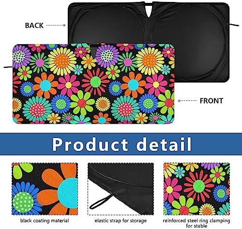 Hippie Flower Windshield Sun Shade, Floral Daisy Colorful Car Sunshade for Auto Truck SUV, Sun Shield that Keeps Your Vehicle Cool, Foldable, Storage Bag (62 x 32 in)