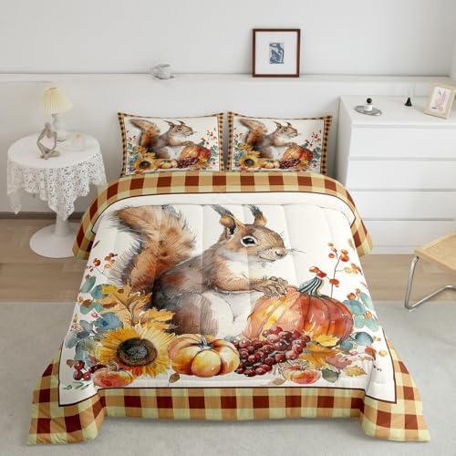 Homewish Cute Squirrel Sunflower Comforter Set Full Size,Autumn Pumpkin Grid Quilt for Kids Girls Adults Room Decor,Rustic Farmhouse Plants Bedding Halloween Themed Duvet Insert,Yellow Fall07 - Image 4