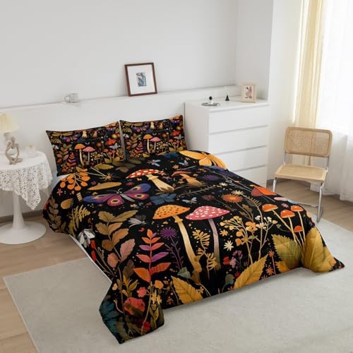 Feelyou Mushroom Bedding Set Twin Size Boho Comforter Set for Kids Boys Girls Death Moth Comforter Flowers and Plants Duvet Set - Image 2