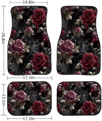 Rose Car Floor Mats All Weather, Gothic Blood Stain 1st & 2nd Row Car Mats Interior Carpet, Garden Spider Web Floor Mats for Cars Universal for Sedan Car Truck