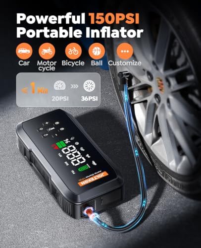 Car Battery Jump Starter with Air Compressor, 5000A Powerful Battery Jumper Starter Portable with 150PSI Auto-Pause Pump, 12V Jump Box for Car Battery with 10-Safety Protection(9L Gas/8L Diesel) - Image 3