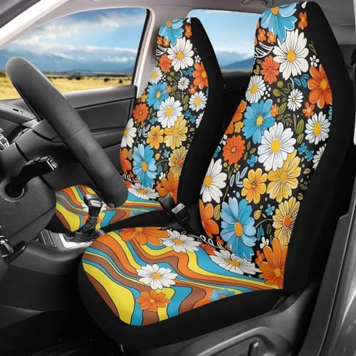 70S 80S Vintage Groovy Flower Car Seat Cover for Women,Abstract Hippie Flower Rainbow Swirl Wavy Automotive Seat Covers Only Front,Hippie Car Accessory Universal Fit Most Vehicle,Non Slip