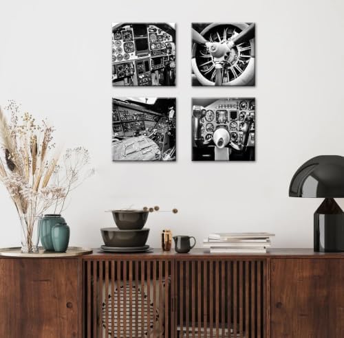 Vintage Airplane Canvas Wall Art, B&W Cockpit Print 12×12 Inch, 4 Panel Set - Image 4