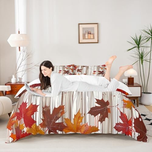 Maple Leaf Kids Duvet Cover Set Queen Size,Fall Plants Autumn Bedding Set,Girls Boys Adults Room/Cabin Decor,Old Wooden Plank Vintage Comforter Cover,Orange Retro Quilt Cover,2 Pillowcases - Image 2