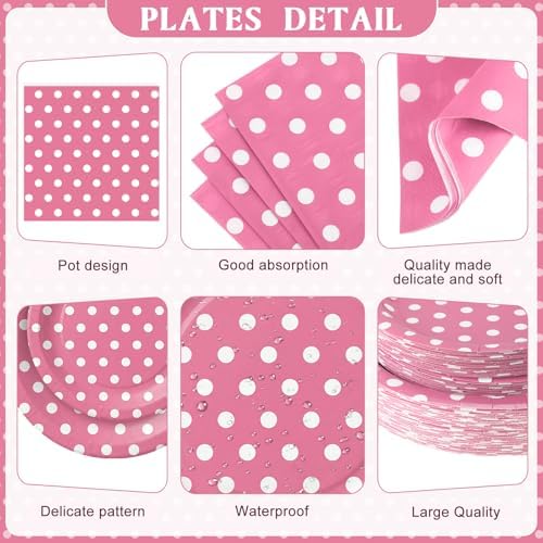 Funnymoom 452 Pcs Pink Polka Dot Party Supplies for 50, Pink and White Polka Dot Paper Plates Napkins Cups Tablecloth Cutlery Straws for Mouse Birthday Carnival Family Picnic Barbecue Party Decoration - Image 2