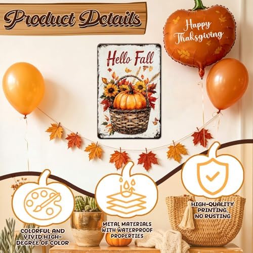 Fall Sign Thanksgiving Day Pumpkin Retro Tin Sign Hello Fall 8x12Inch - Image 3