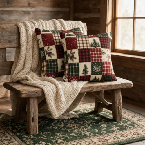 Christmas Plaid Pillow Covers 20x20 Set of 2 Winter Holiday Farmhouse Decor - Image 3