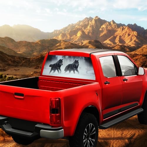 Snowy Wolf Pickup Truck Decals Rear Window, Misty Forest Modern Winter Animals Automotive Decals and Graphics Rear Window Decals for Trucks, Car Window Decal Sticker 66 x 22 inch