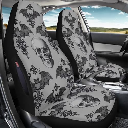 Bulopur Skull Front Seat Covers for Cars Waterproof Grey Bats Automotive Seat Covers & Accessories for SUV Truck Sedan Van, Airbag Compatible Vehicle Bucket Cushion Cover, 2 Pack