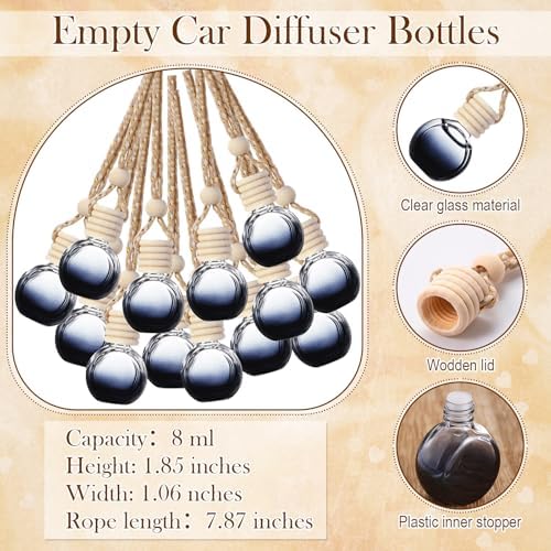 Boao 50 Sets Hanging Car Air Freshener Diffuser Bottles with 2 x 3.54 Inch Car Diffuser Instructions Cards for Empty Essential Oil Bottles(Black Card,Black Round)
