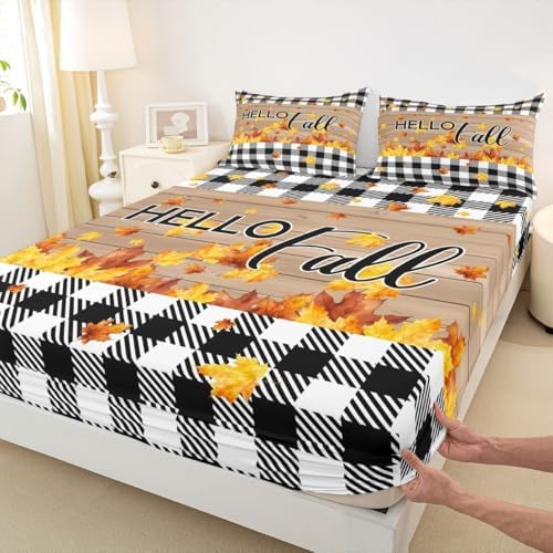 Fall Thanksgiving Fitted Sheet King Autumn Harvest Seasonal Bed Sheets Gifts For Kids Teen Adults,Black White Buffalo Plaid Checkered Bedding Set Rustic Farmhouse Sheet Set Brown With 2 Pillow Cases - Image 6