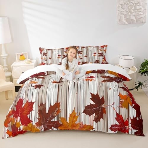 Maple Leaf Kids Duvet Cover Set Queen Size,Fall Plants Autumn Bedding Set,Girls Boys Adults Room/Cabin Decor,Old Wooden Plank Vintage Comforter Cover,Orange Retro Quilt Cover,2 Pillowcases by Manfei
