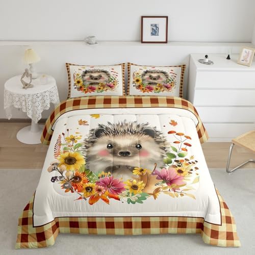 Homewish Fall Pumpkin Plaid Bedding Set Full Size,Cute Hedgehog Sunflower Comforter 3pcs for Kids Girls Adults Room Decor,Rustic Farmhouse Style Quilted Duvet Halloween Plants Bedspread,Yellow Fall06 - Image 4