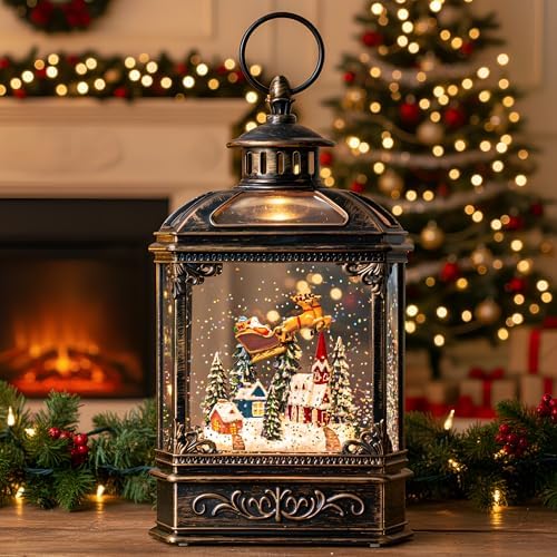 Christmas Snow Globe Swirling Glittering Lantern Santa Flying with Reindeer, USB Lined/Battery Operated Lighted Water Lantern for Christmas Festival Decoration Gifts by Qualdout
