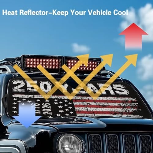 Renewold 250 Anniversary USA Sunshade for Car Windshield Car Window Cover Foldable Sun Shade for Jeep Wrangler JK JKU JL JLU 1997-2023 Gladiator JT UV Rays Sunlight Sun Visor Shield Women Men