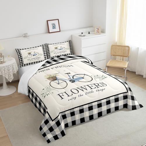 Rustic Farmhouse Comforter Set King Size Vintage Bicycle Flowers Quilt Set Geometric Black White Plaid Bedding Set 3pcs for Kids Girls Women Room Decor Spring Nature Duvet Insert,2 Pillowcases - Image 4