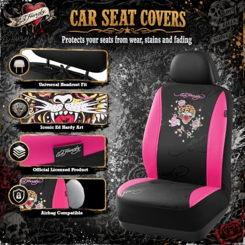 ED HARDY Tiger Print Car Seat Covers, Hot Pink Premium Leather Front Seat Covers, Universal Fit Automotive Covers for Most Cars, Trucks & SUVs, Airbag Compatible, Waterproof, Scratch Resistant