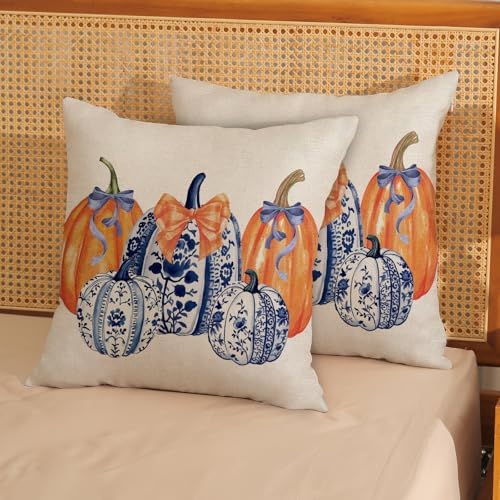 Fall Chinoiserie Pillow Covers 18x18 Set of 2 Blue and Orange Pumpkin Throw Pillows Grandmillennial Autumn Thanksgiving Decoration Pillow Cases Outdoor Fall Decor Cushion Case for Sofa Home - Image 3