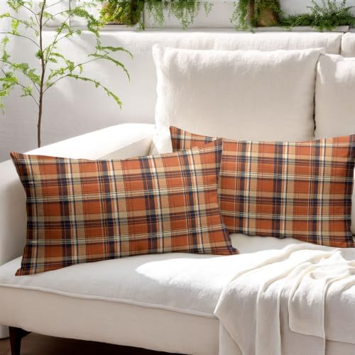 Fall Plaid Pillow Covers 12x20 Set of 2 Autumn Burnt Orange Scottish Tartan Square checked Outdoor Throw Pillows Covers Farmhouse Classic Decorative Farmhouse Cushion Case for Room Couch Sofa - Image 3