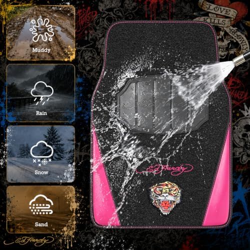 ED HARDY Tiger Print Car Floor Mats, Carpet Floor Mats with Hot Pink Leather Design, Automotive Car Mats with Built-in Heel Pad & Anti-Slip Backing, Fits Most Cars, SUVs & Trucks, Durable & Odorless