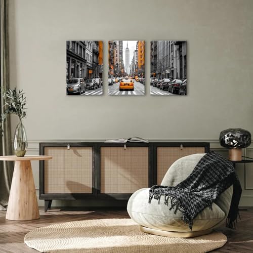 Black and White Canvas Wall Art Framed New York City Wall Decor for Living Room Orange Taxi Photo Print Nyc Urban Skyscraper Picture Car Photography Artwork Bedroom Office Home Decorations 16x24 3pcs - Image 2