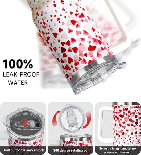 Valentines Tumbler 40oz Love Heart Tumbler Coffee Mugs Watercolor Heart Leak Proof Cups with Handle and Straw Stainless Steel Insulated Water Bottle for Valentine Decor Gifts for Women Her(1PCS) - Image 4