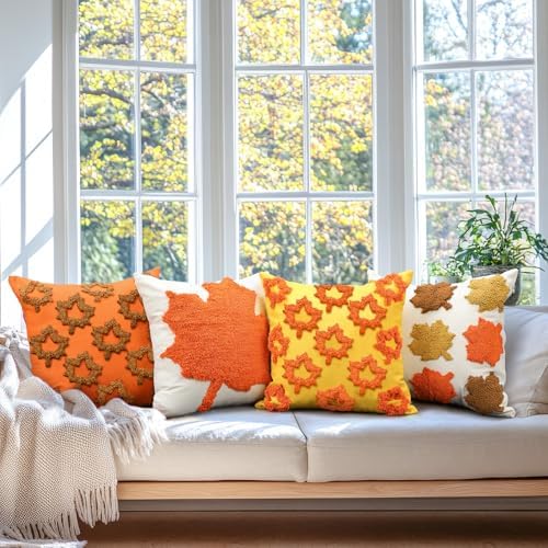 HunnmingRe 4 Pcs Thanksgiving Pillow Covers 18 x 18 Inch Maple Leaf Throw Pillow Covers Square Linen Pillowcase Fall Decor Seasonal Autumn Thanksgiving Harvest Decoration for Home Sofa Couch - Image 3