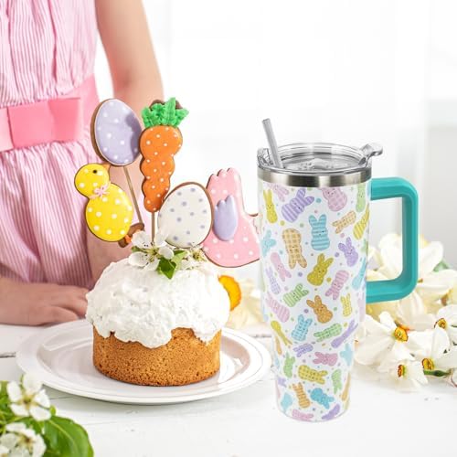 Easter Tumbler 40 oz Colorful Bunny Peeps Coffee Travel Mug Stainless Steel Rabbit Insulated Cup with Handle and Straw Spring Happy Easter Decor Gifts for Women - Image 2