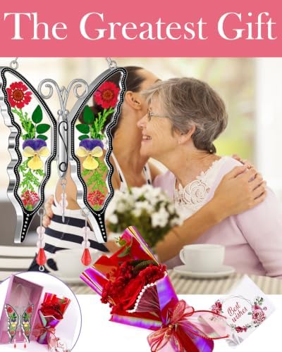 KY&BOSAM Gift for Mom Butterfly Suncatcher with Rose Flower Bouquet Set,Red - Image 6